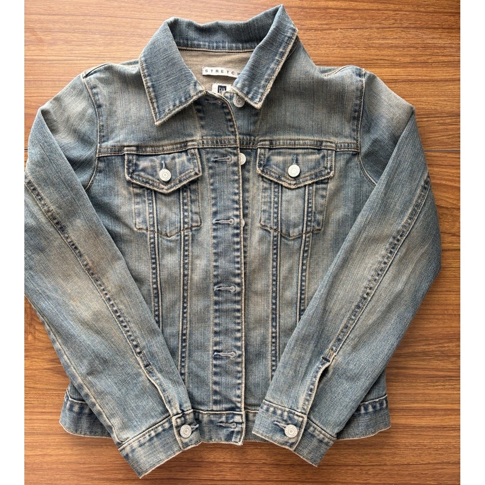 GAP Women's Medium Wash Stretch Long Sleeve Button Up Distressed Jean Jacket - S - Picture 2 of 11